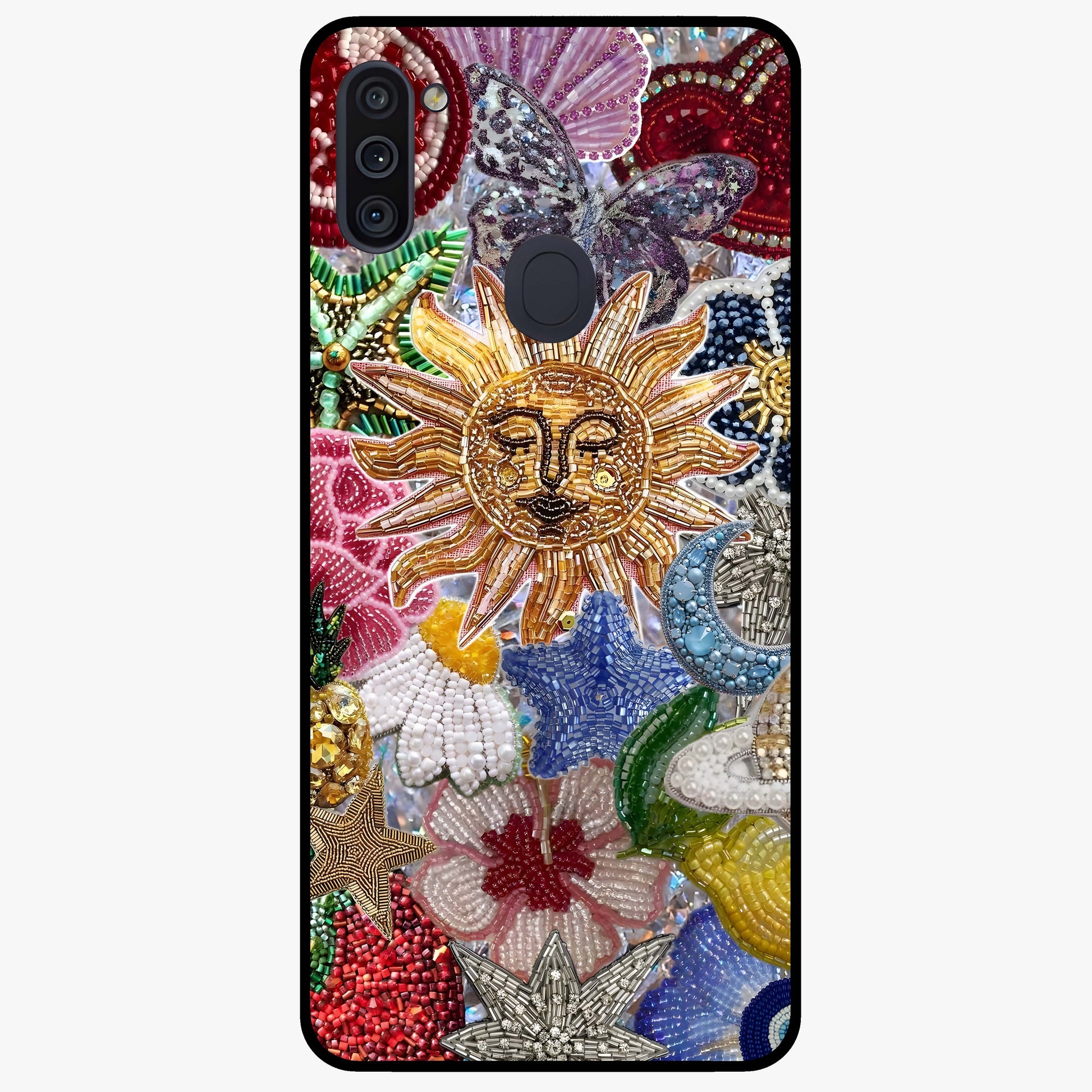 Celestial Floral and Playful Glass Case showing flat back view with floral and celestial themed artwork and glossy glass finish.