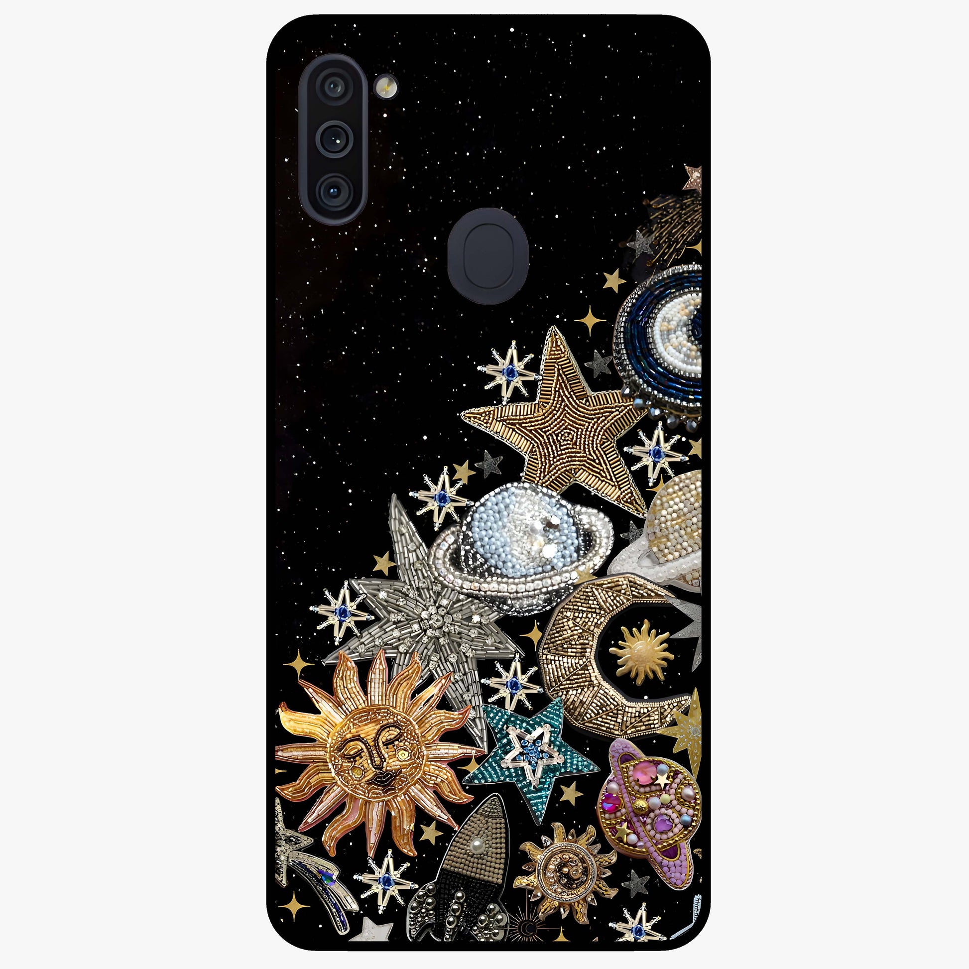 Cosmic Sparkle Dreams Glass Case showing flat back view with sparkling cosmic artwork and glossy glass finish.