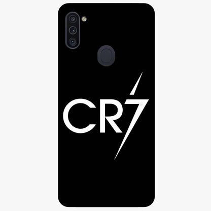 Cr7 Elite Strike Glass Case showing flat back view with dynamic football inspired artwork and glossy glass finish.