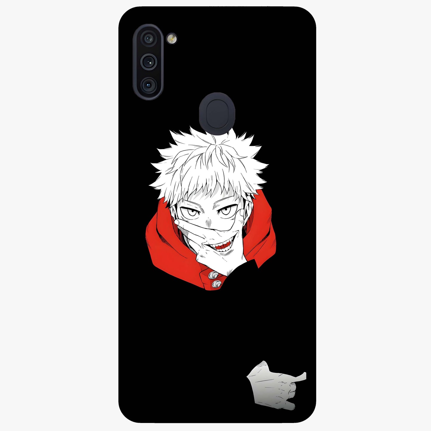 Crimson Chaos Smile Glass Case showing flat back view with bold chaotic smile artwork and glossy glass finish.