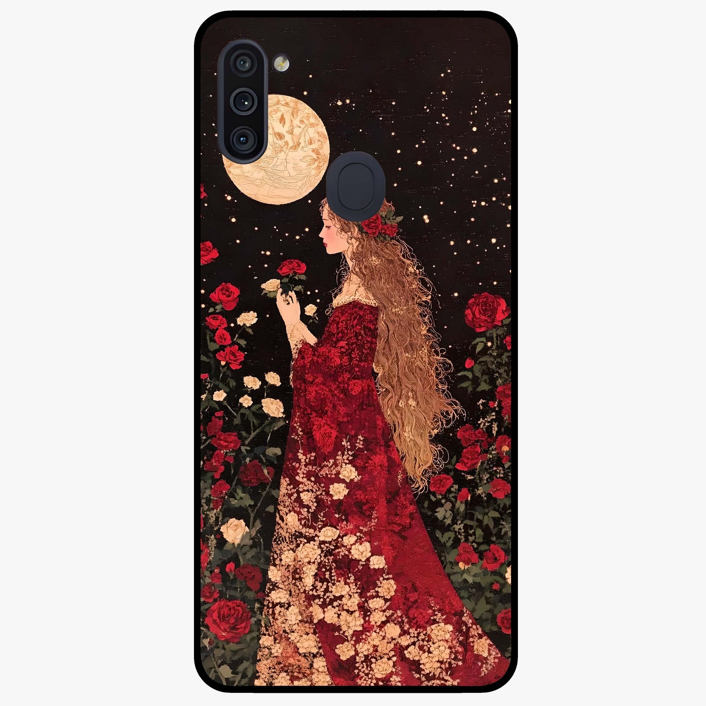 Crimson Dreams Glass Case showing flat back view with dreamy crimson artwork and glossy glass finish.