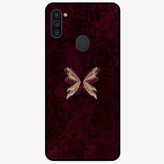 Crimson Fade Butterfly Glass Case showing flat back view with fading butterfly artwork and glossy glass finish.
