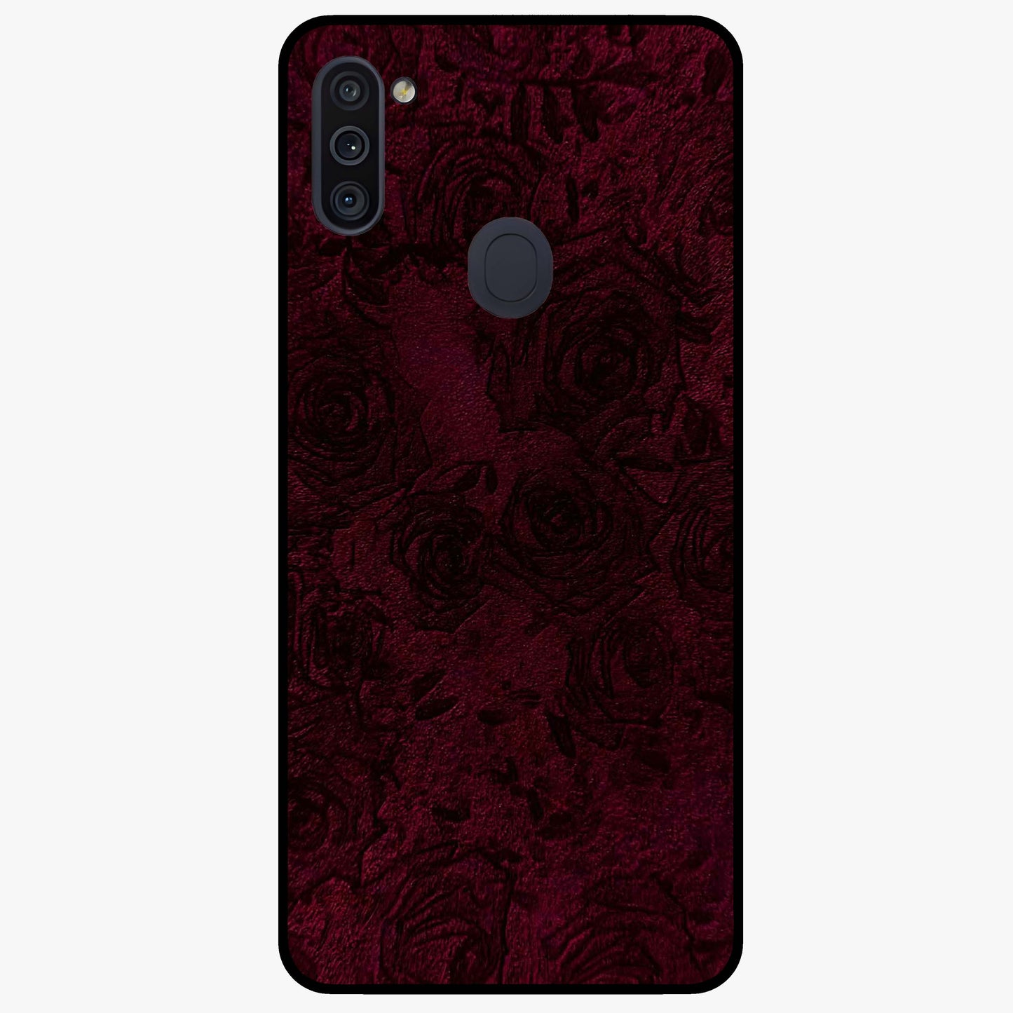 Crimson Fade Flow Glass Case showing flat back view with flowing crimson gradient artwork and glossy glass finish.