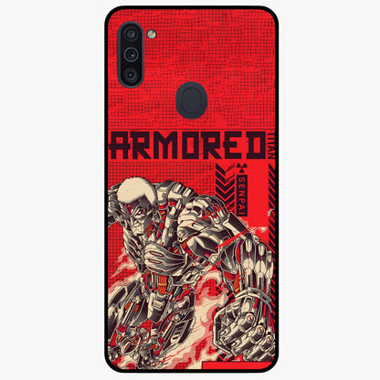 Crimson Mecha Titan Glass Case showing flat back view with powerful mech titan artwork and glossy glass finish.