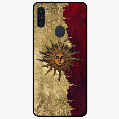 Crimson Sun Majesty Glass Case showing flat back view with radiant sun inspired artwork and glossy glass finish.