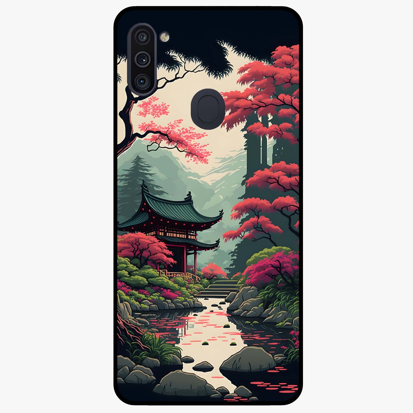 Crimson Temple View Glass Case showing flat back view with temple inspired artwork and glossy glass finish.