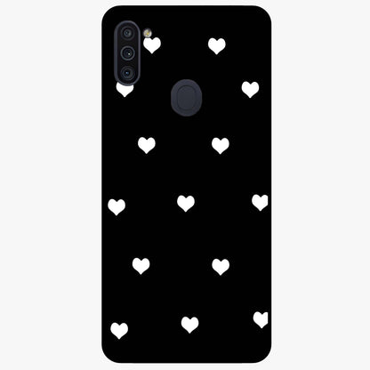 Cute And Simple White Hearts Glass Case showing flat back view with minimal white heart pattern and glossy glass finish.
