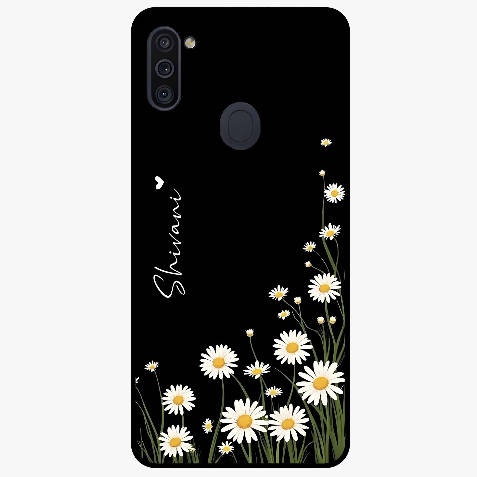 Daisy Cascade Custom Name Glass Case showing flat back view with cascading daisy flowers and personalized name design.