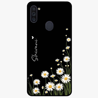 Daisy Cascade Custom Name Glass Case showing flat back view with cascading daisy flowers and personalized name design.