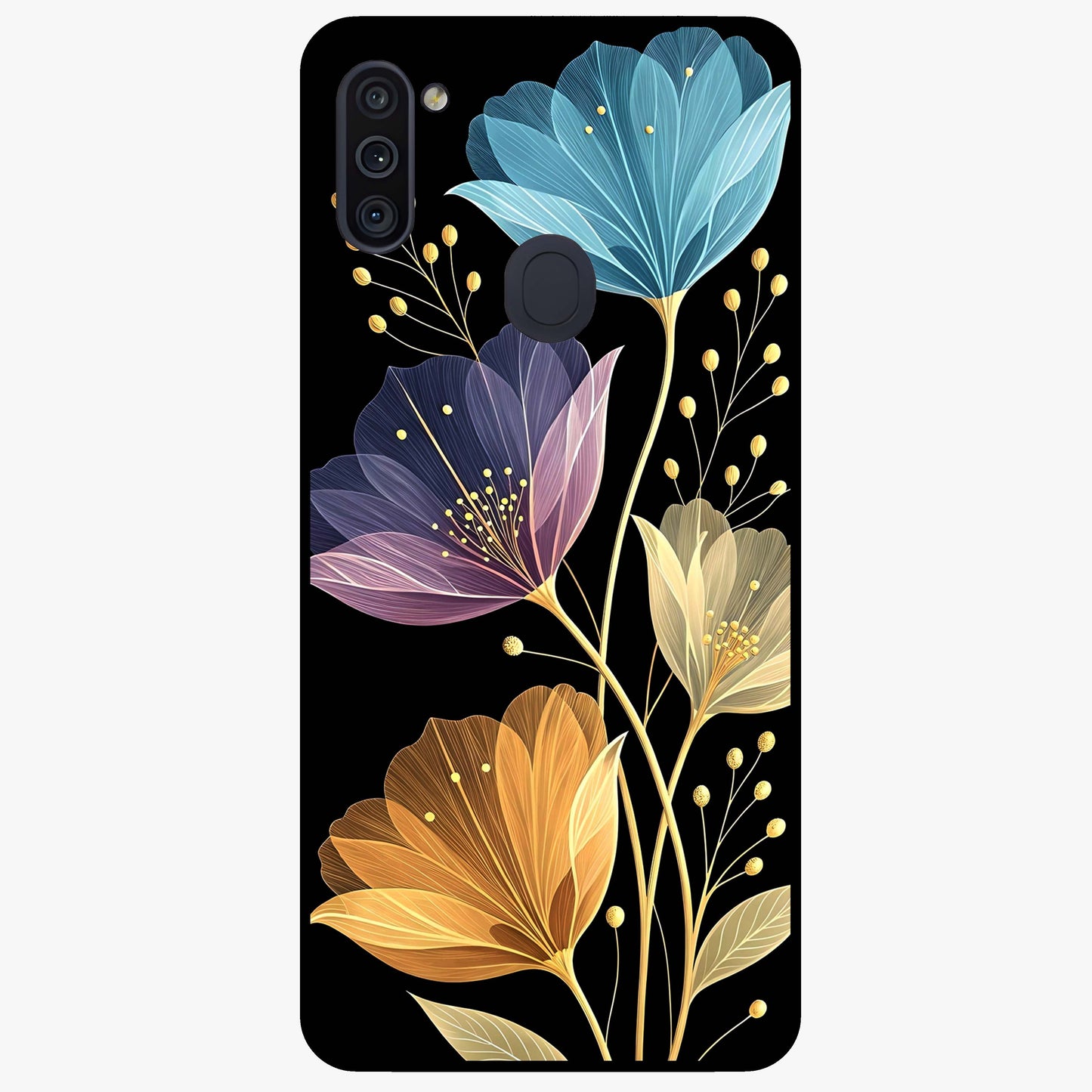 Delicate Multicolor Flowers Glass Case showing flat back view with vibrant floral artwork and glossy glass finish.