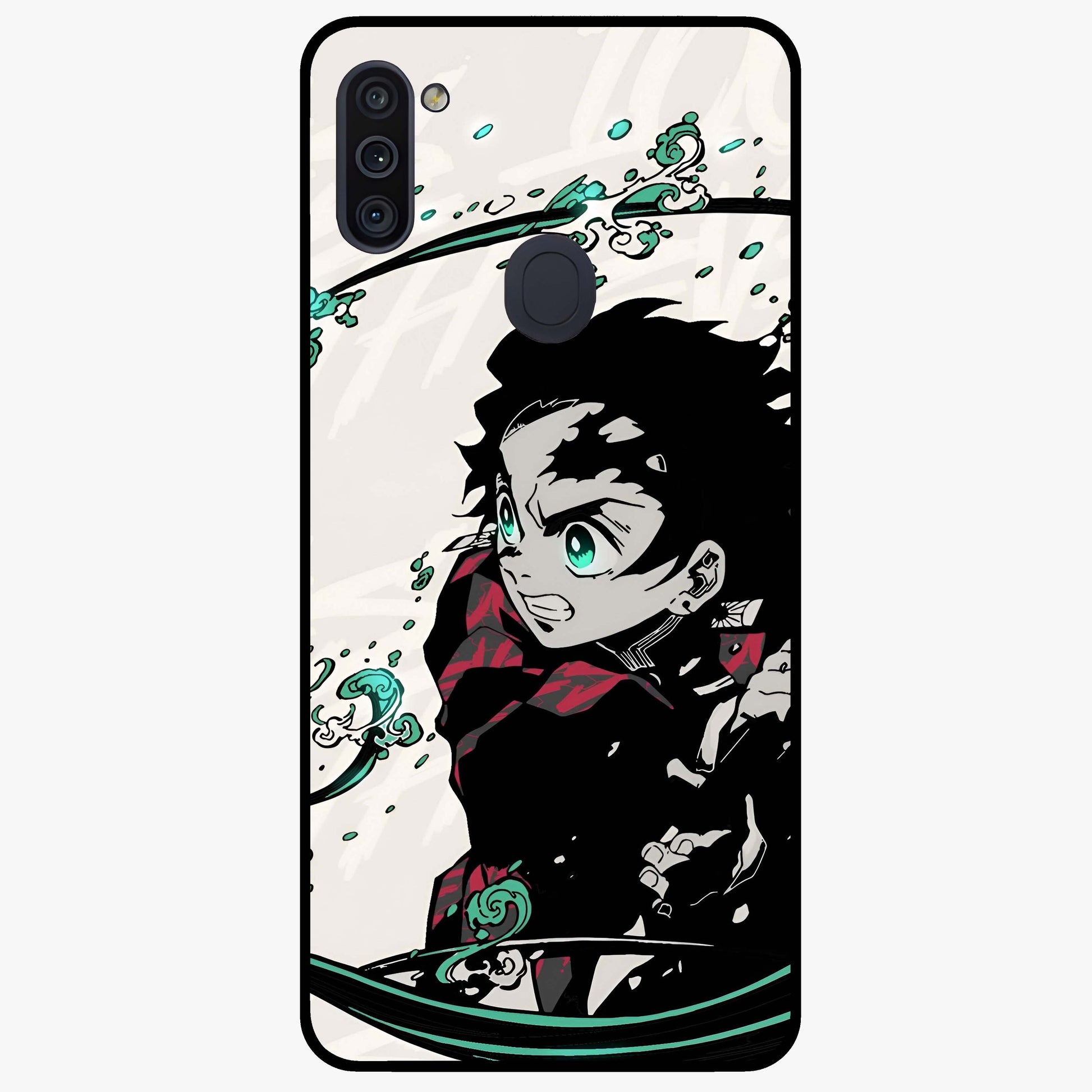 Demon Slayer Glass Case showing flat back view with bold anime inspired artwork and glossy glass finish.