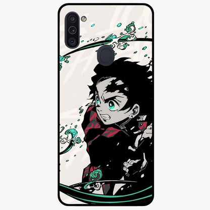 Demon Slayer Glass Case showing flat back view with bold anime inspired artwork and glossy glass finish.