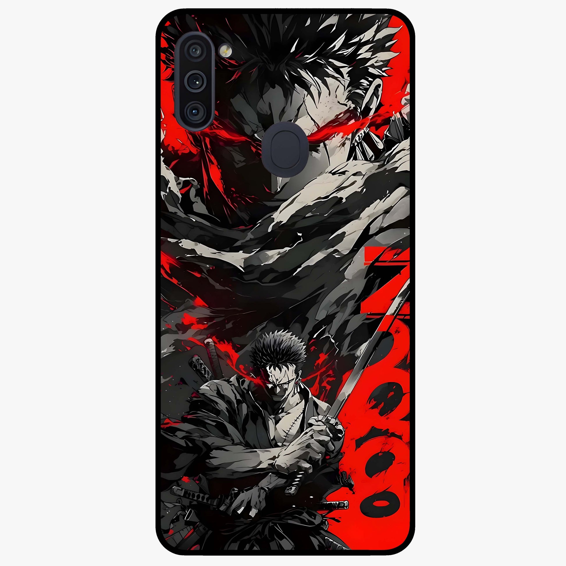 Demon Sword Resolve Glass Case showing flat back view with fierce sword warrior artwork and glossy glass finish.