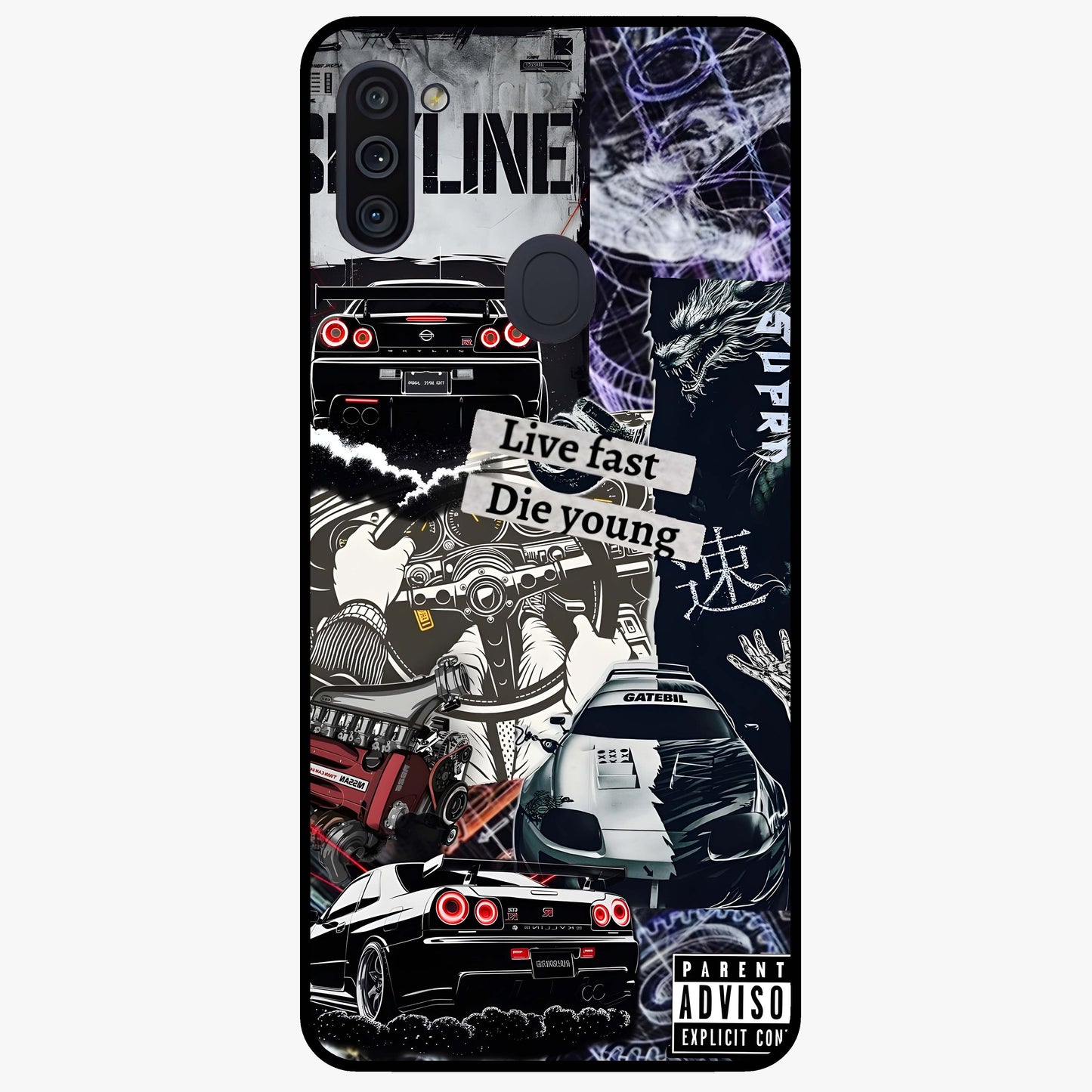 Die Young Glass Case showing flat back view with bold artistic typography design and glossy glass finish.