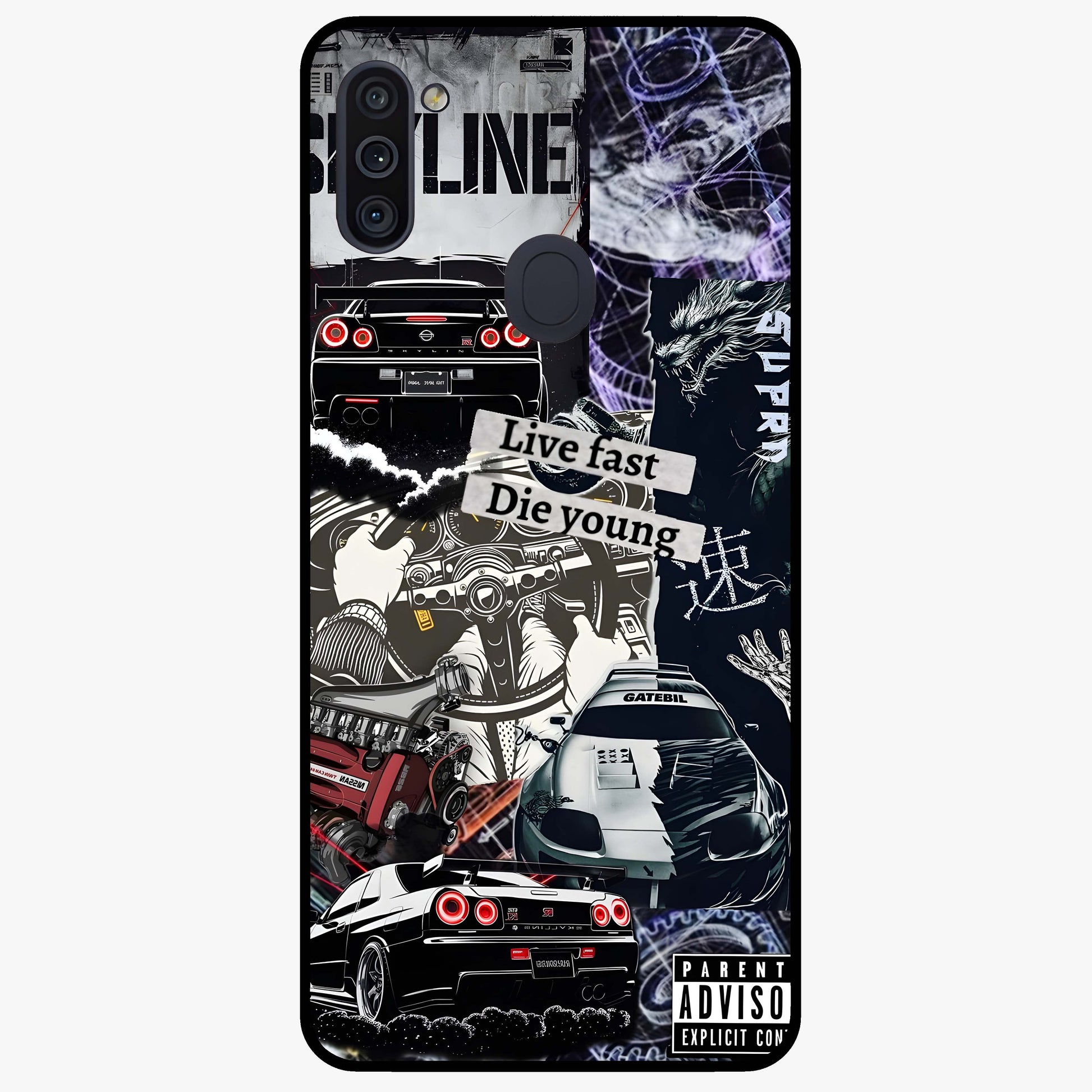 Die Young Glass Case showing flat back view with bold artistic typography design and glossy glass finish.