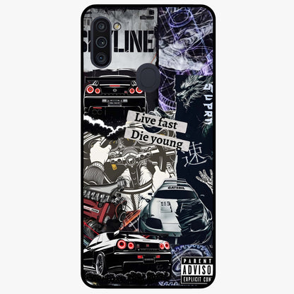 Die Young Glass Case showing flat back view with bold artistic typography design and glossy glass finish.