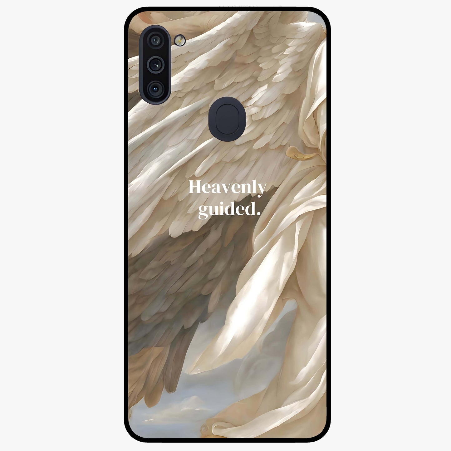 Divine Winged Grace Glass Case showing flat back view with elegant wing inspired artwork and glossy glass finish.