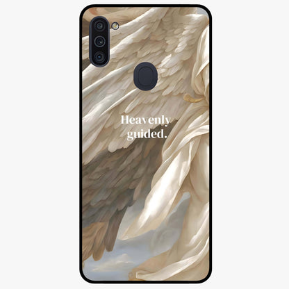 Divine Winged Grace Glass Case showing flat back view with elegant wing inspired artwork and glossy glass finish.