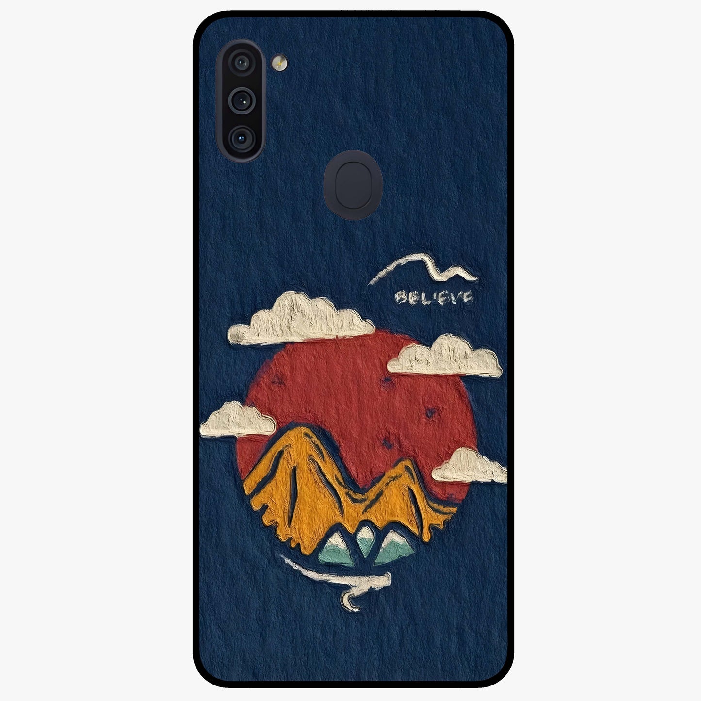 Dream Beyond Mountains Glass Case showing flat back view with scenic mountain landscape artwork and glossy glass finish.