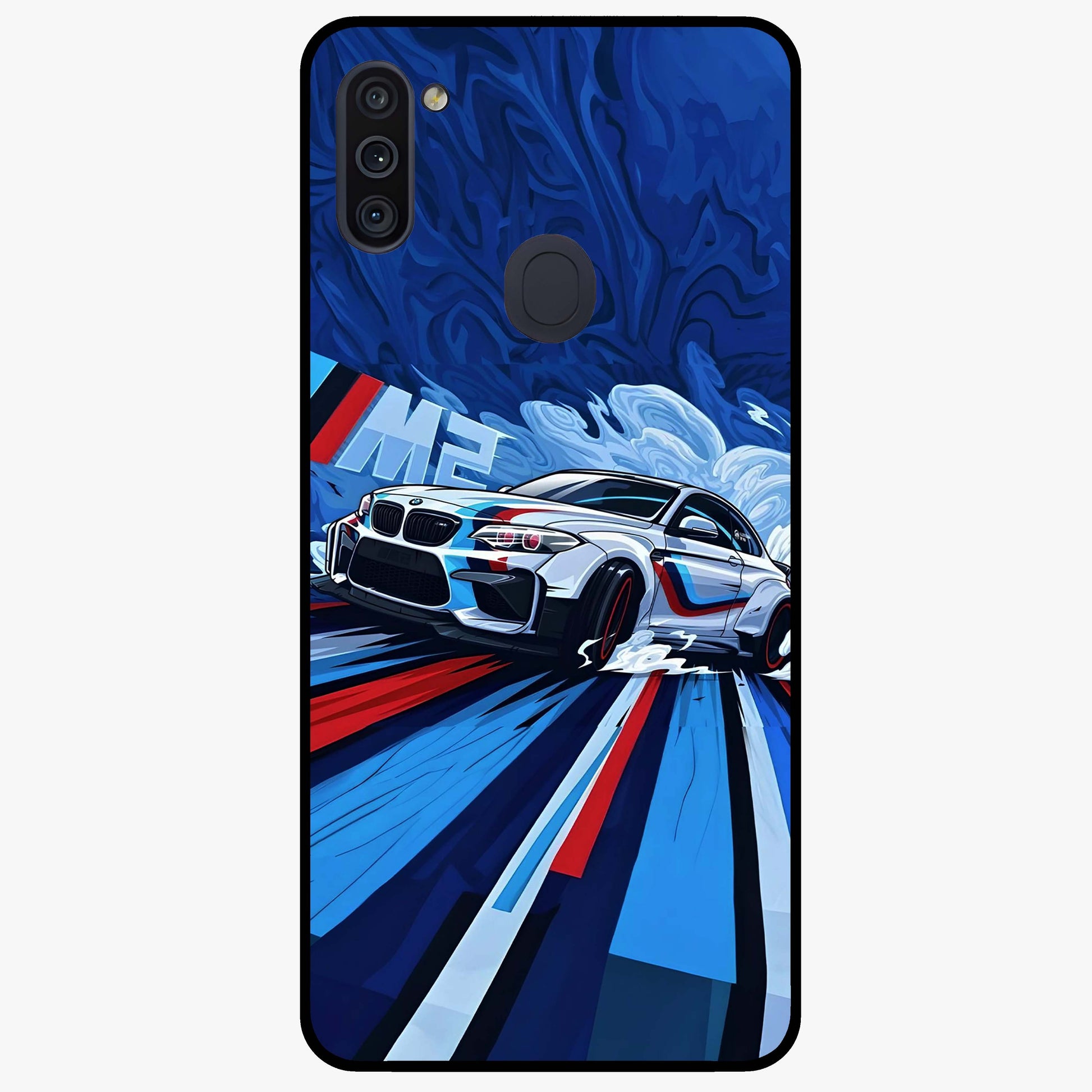 Drift Power Rush Glass Case showing flat back view with dynamic racing inspired artwork and glossy glass finish.