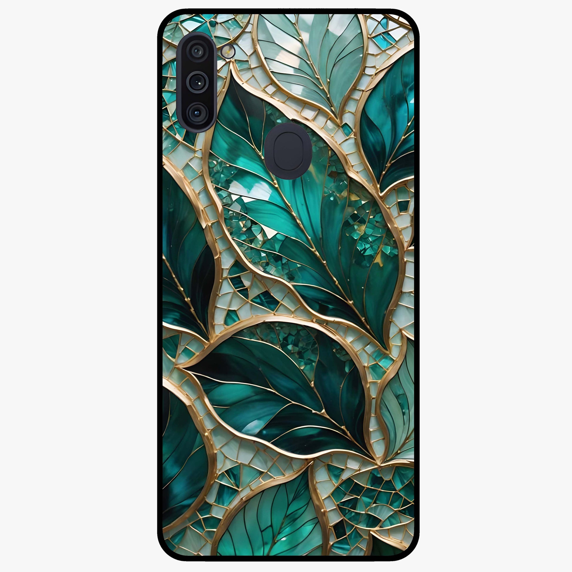 Emerald Leaf Glass Glass Case showing flat back view with emerald green leaf artwork and glossy glass finish.