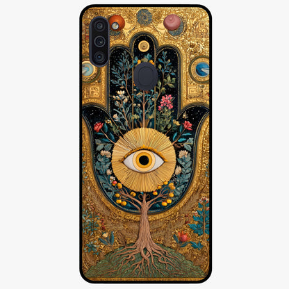 Ethereal Evil Eye Glass Case showing flat back view with mystical evil eye artwork and glossy glass finish.