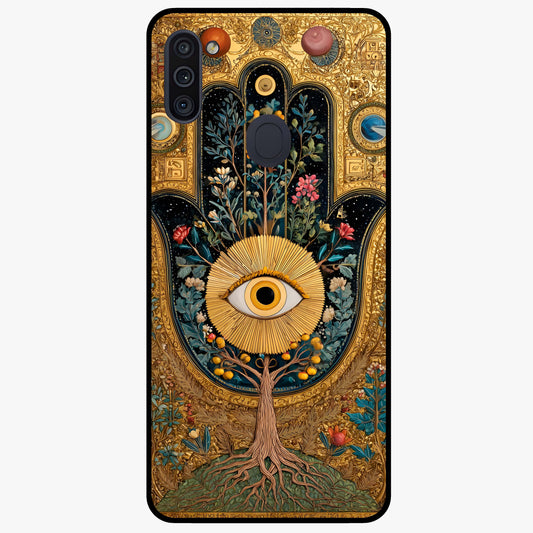 Ethereal Evil Eye Glass Case showing flat back view with mystical evil eye artwork and glossy glass finish.