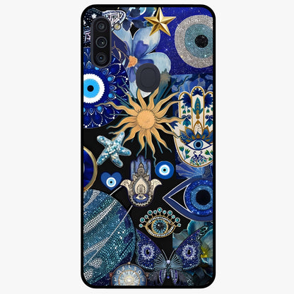 Evil Eye Charm Mix Glass Case showing flat back view with multiple evil eye charms artwork and glossy glass finish.