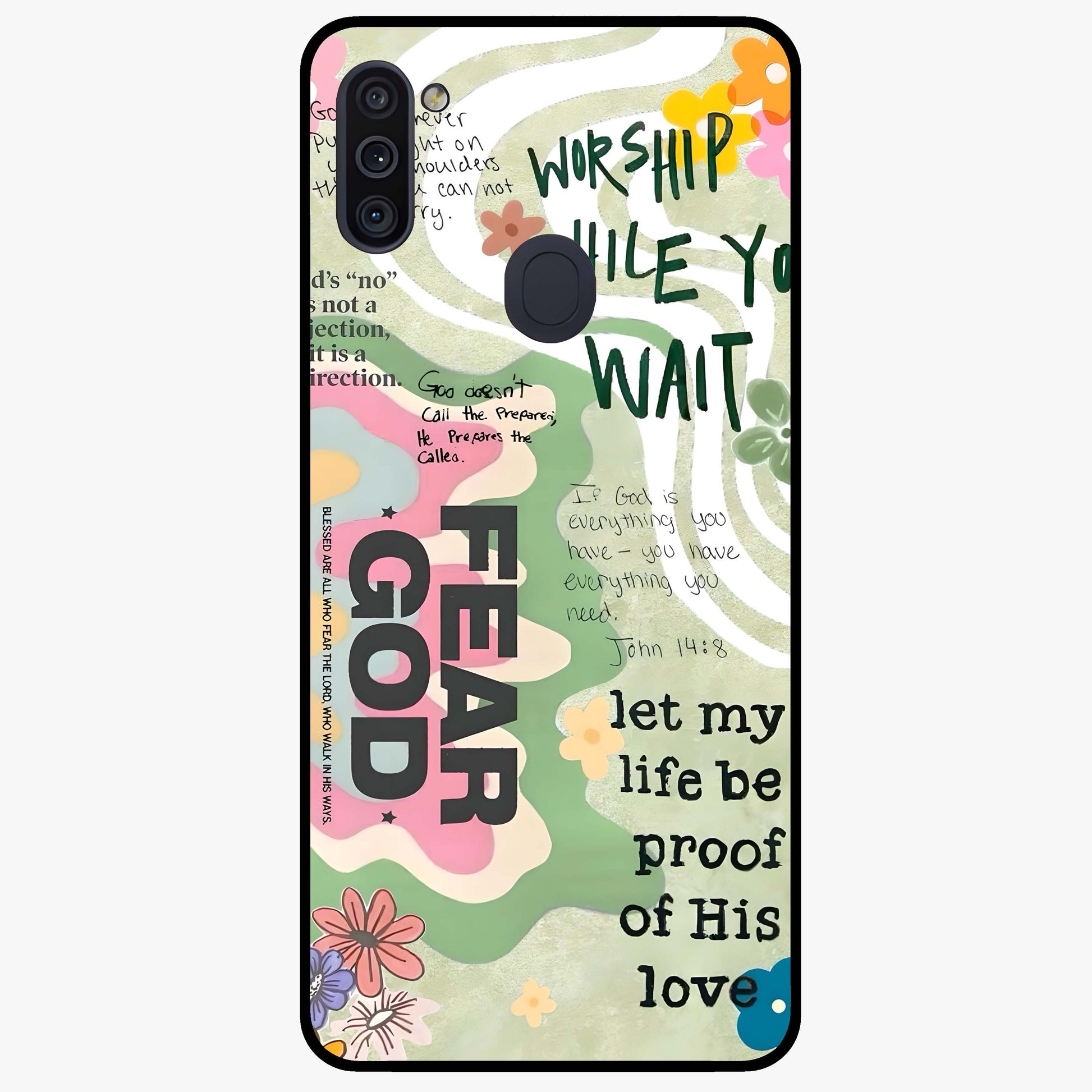 Faith Over Fear Glass Case showing flat back view with motivational typography artwork and glossy glass finish.