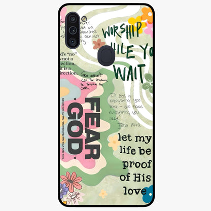 Faith Over Fear Glass Case showing flat back view with motivational typography artwork and glossy glass finish.