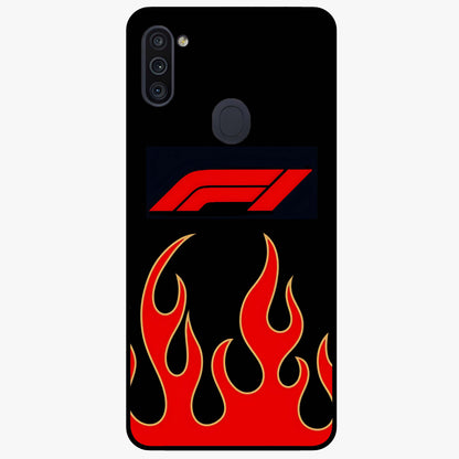 Fire F11 Glass Case showing flat back view with fiery themed artwork and glossy glass finish.