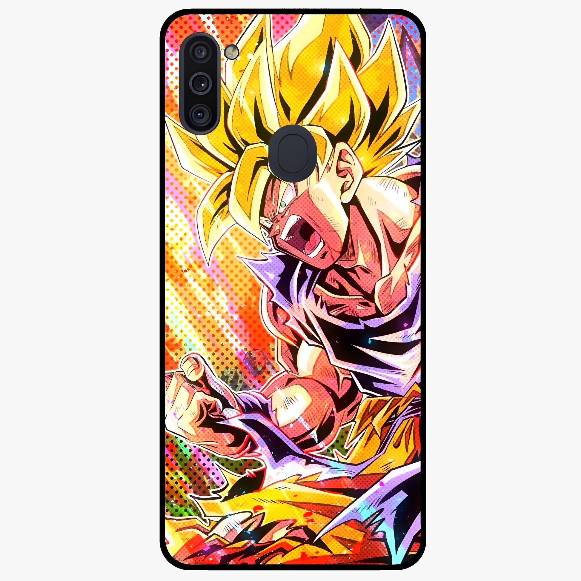 Firing Goku Glass Case showing flat back view with powerful anime inspired artwork and glossy glass finish.