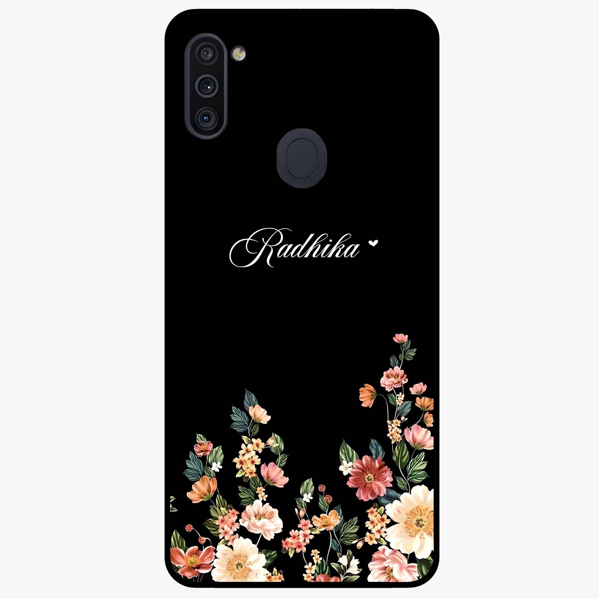 Floral Design With a Custom Personalized Name Glass Case showing flat back view with floral artwork and personalized name design.