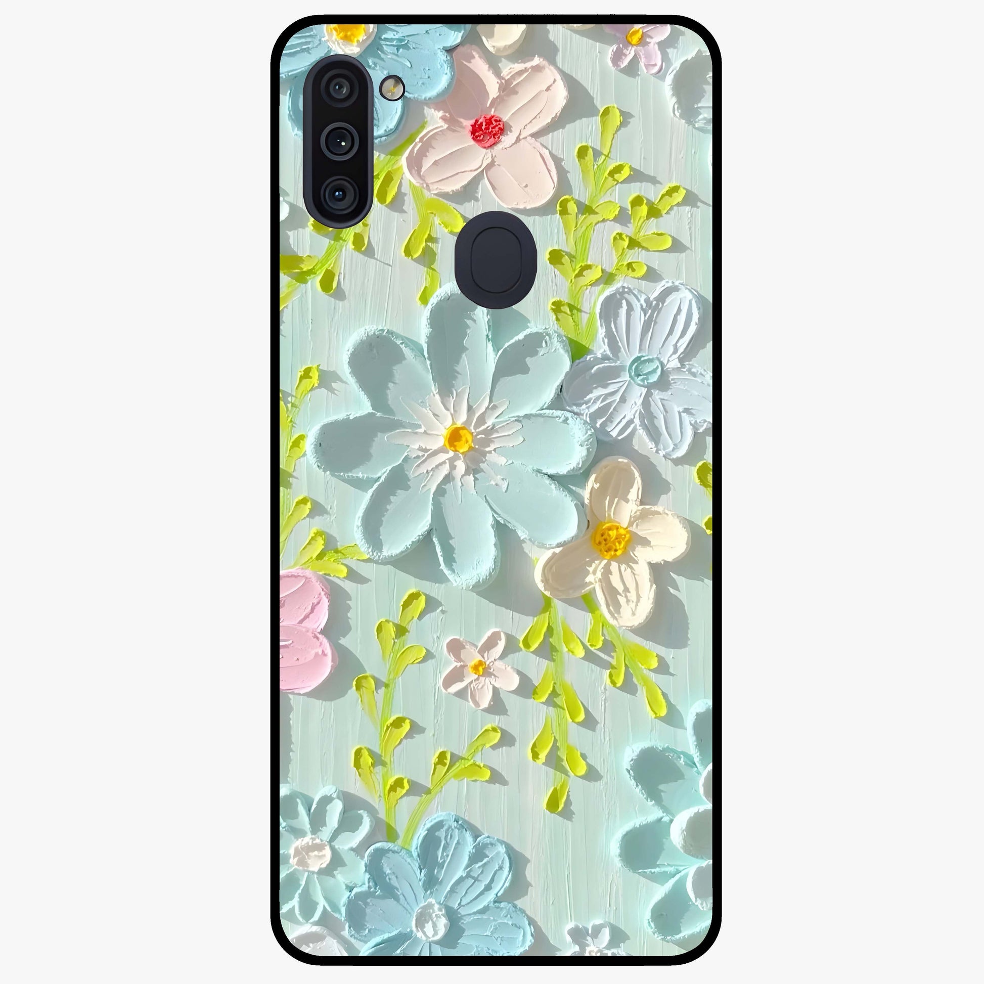 Frosted Petal Garden Glass Case showing flat back view with soft frosted floral artwork and glossy glass finish.
