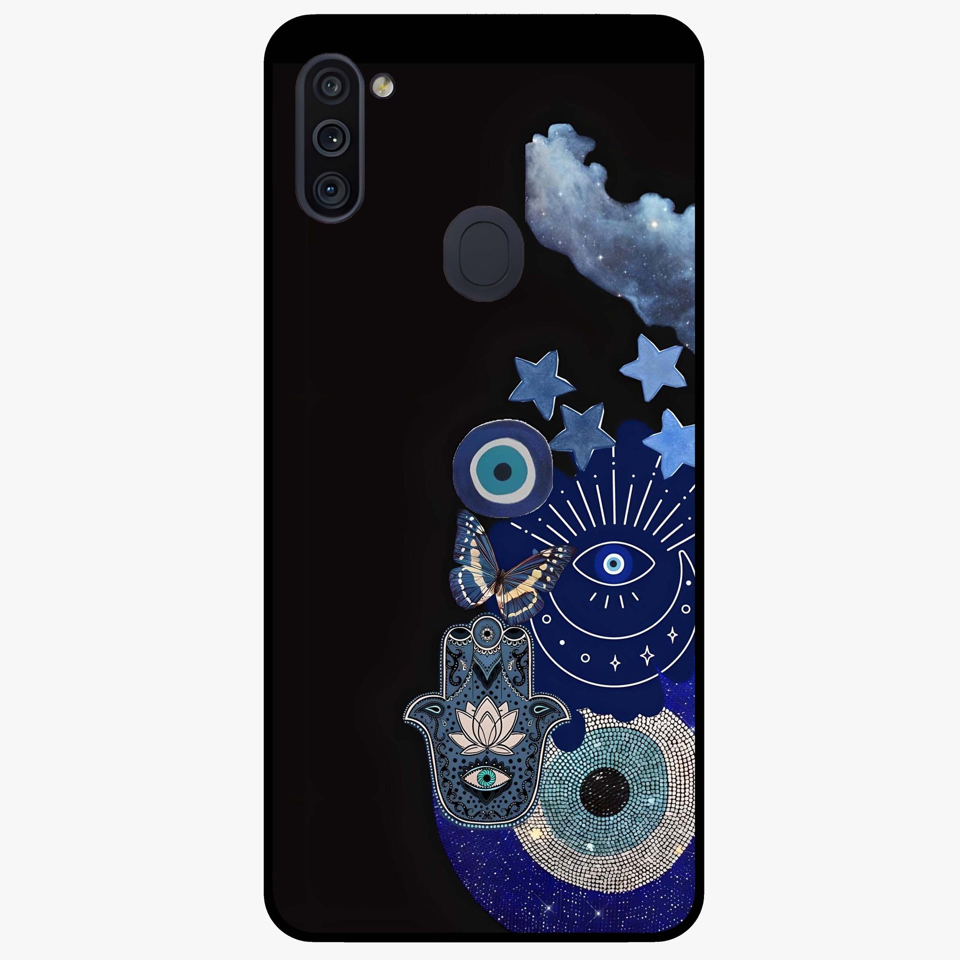Galactic Charm Cluster Glass Case showing flat back view with glowing celestial charm artwork and glossy glass finish.