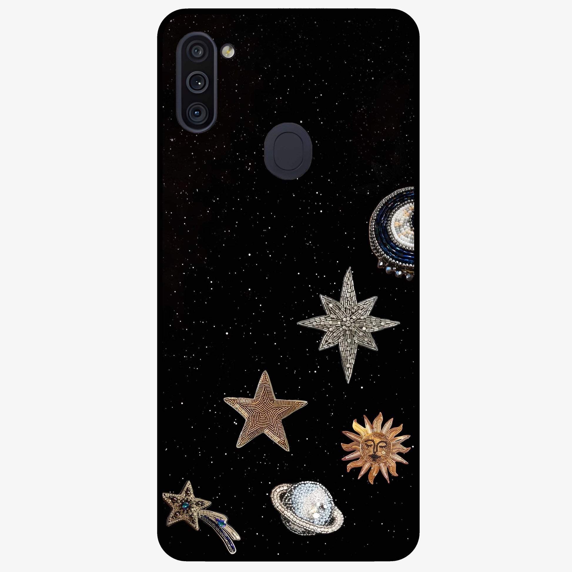 Galactic Charm Glow Glass Case showing flat back view with glowing celestial charm artwork and glossy glass finish.