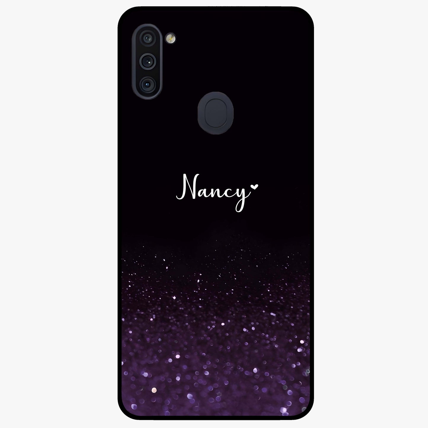 Glittery Purple Bokeh Custom Name Glass Case showing flat back view with purple bokeh sparkle artwork and personalized name design.