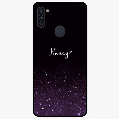Glittery Purple Bokeh Custom Name Glass Case showing flat back view with purple bokeh sparkle artwork and personalized name design.