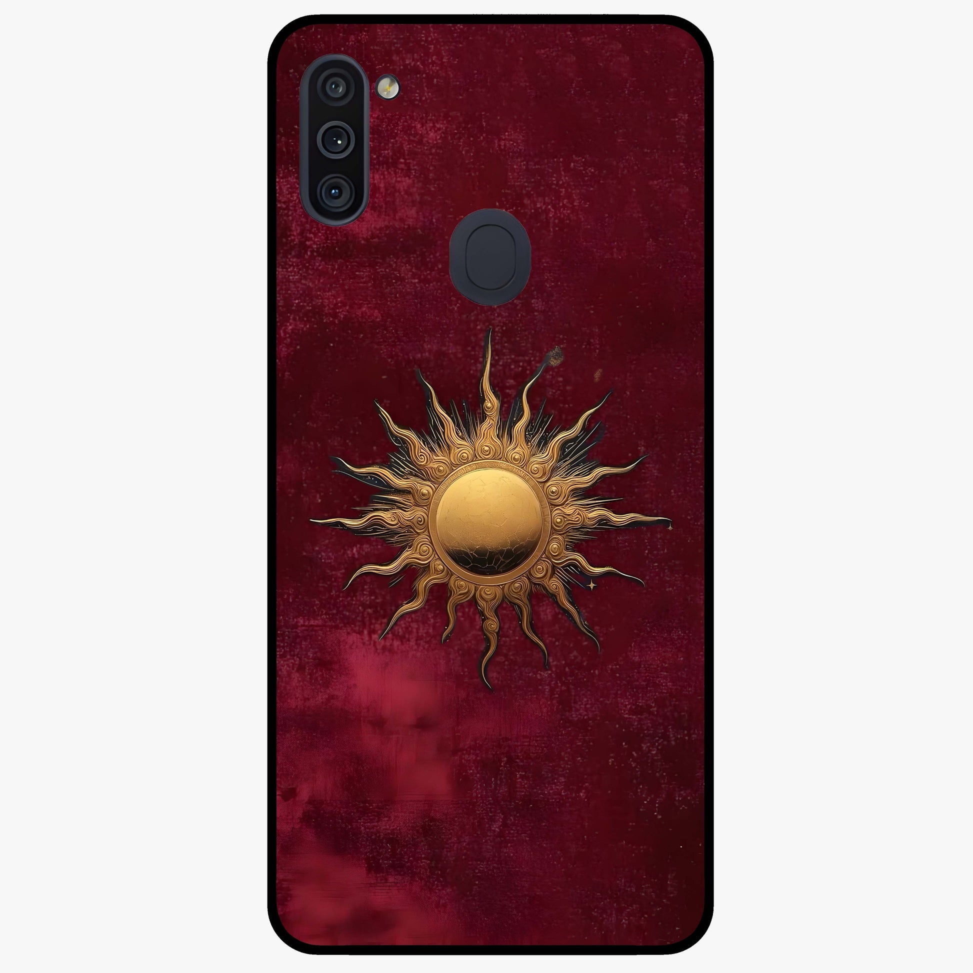Gold Sun Blush Glass Case showing flat back view with golden sun inspired artwork and glossy glass finish.