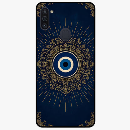 Golden Evil Eye Mandala Glass Case showing flat back view with intricate evil eye mandala artwork and glossy glass finish.