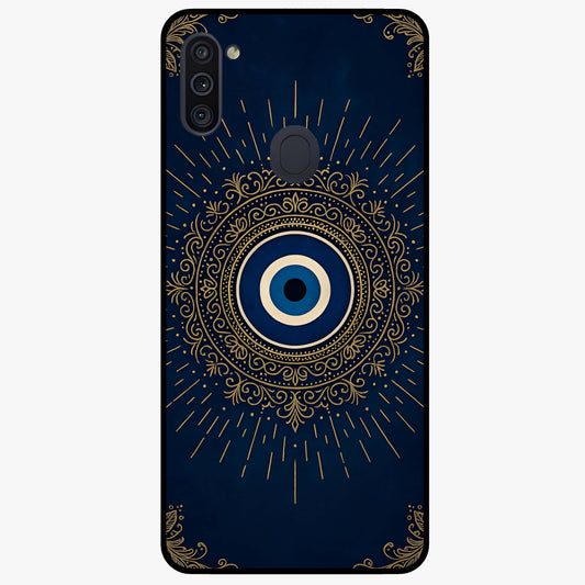 Golden Evil Eye Mandala Glass Case showing flat back view with intricate evil eye mandala artwork and glossy glass finish.
