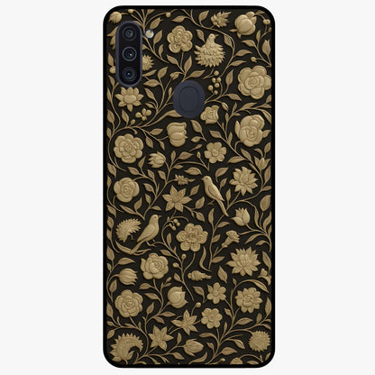 Golden Floral Majesty Glass Case showing flat back view with luxurious golden floral artwork and glossy glass finish.