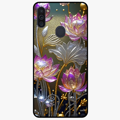 Golden Lotus Glow Glass Case showing flat back view with glowing lotus flower artwork and glossy glass finish.
