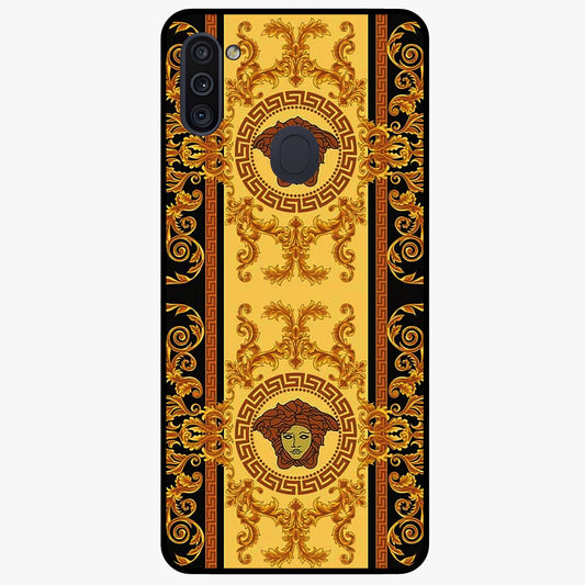 Golden Royal Heritage Glass Case showing flat back view with ornate royal pattern artwork and glossy glass finish.