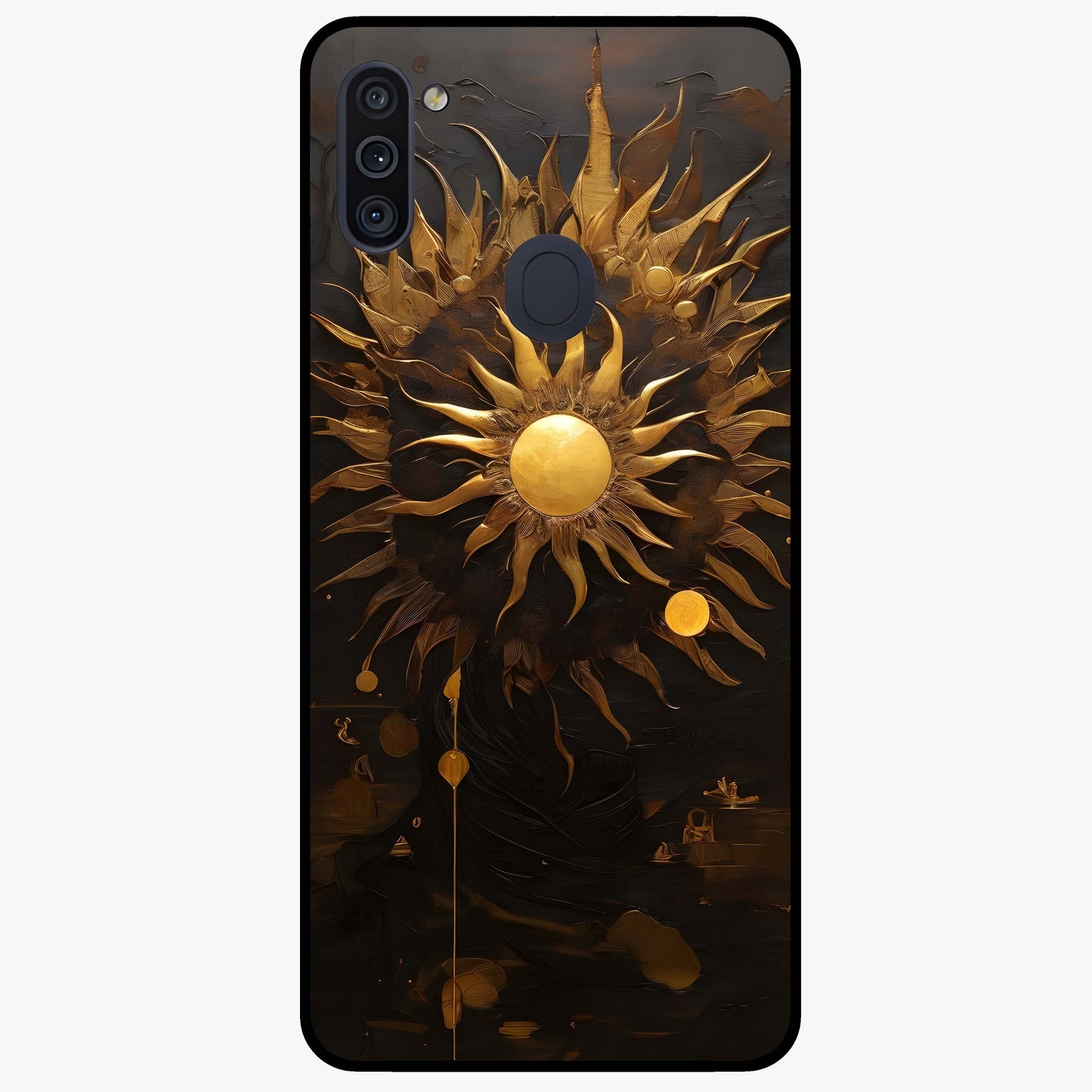 Golden Sun Majesty Glass Case showing flat back view with radiant golden sun artwork and glossy glass finish.
