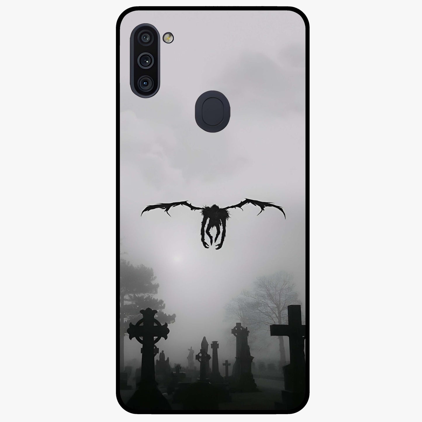 Graveyard Shadow Descent Glass Case showing flat back view with dark graveyard themed artwork and glossy glass finish.