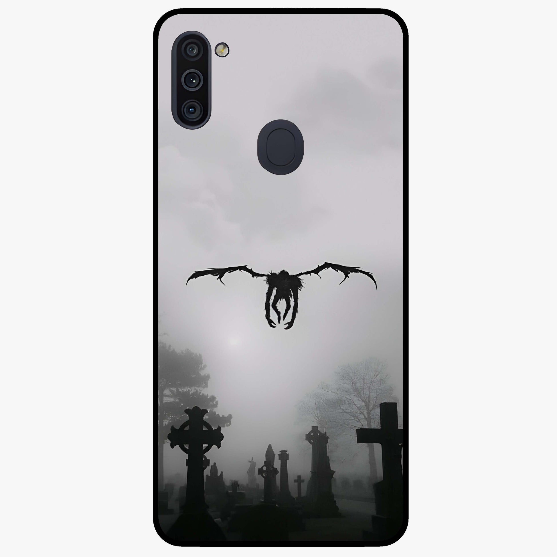 Graveyard Shadow Descent Glass Case showing flat back view with dark graveyard themed artwork and glossy glass finish.