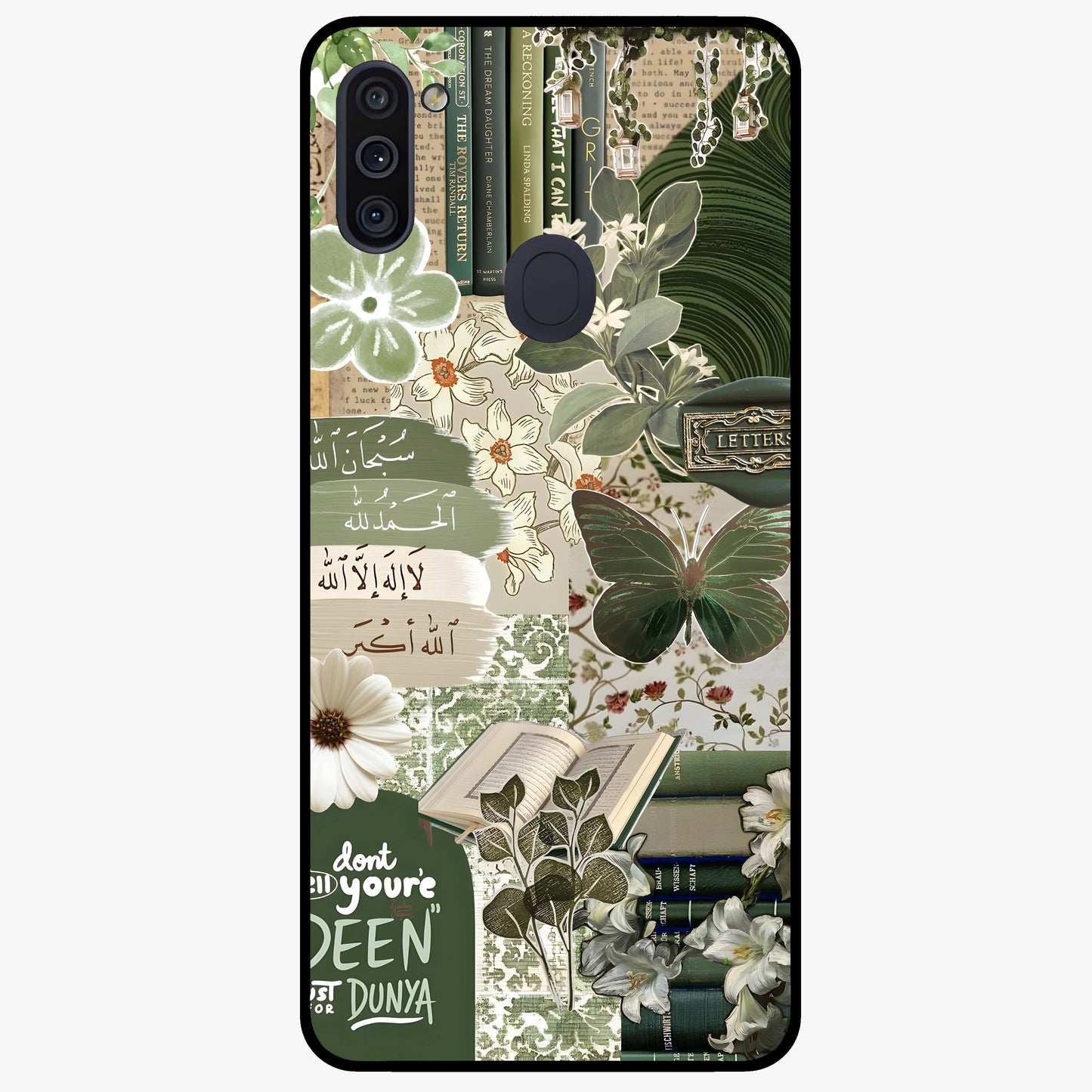 Green Islamic Books Quotes Glass Case showing flat back view with Islamic quotes and book themed artwork and glossy glass finish.