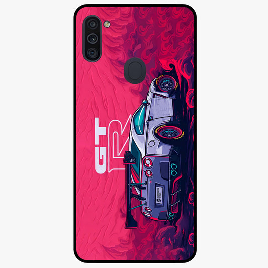 GT-R Car Pattern Glass Case showing flat back view with sporty car inspired pattern artwork and glossy glass finish.