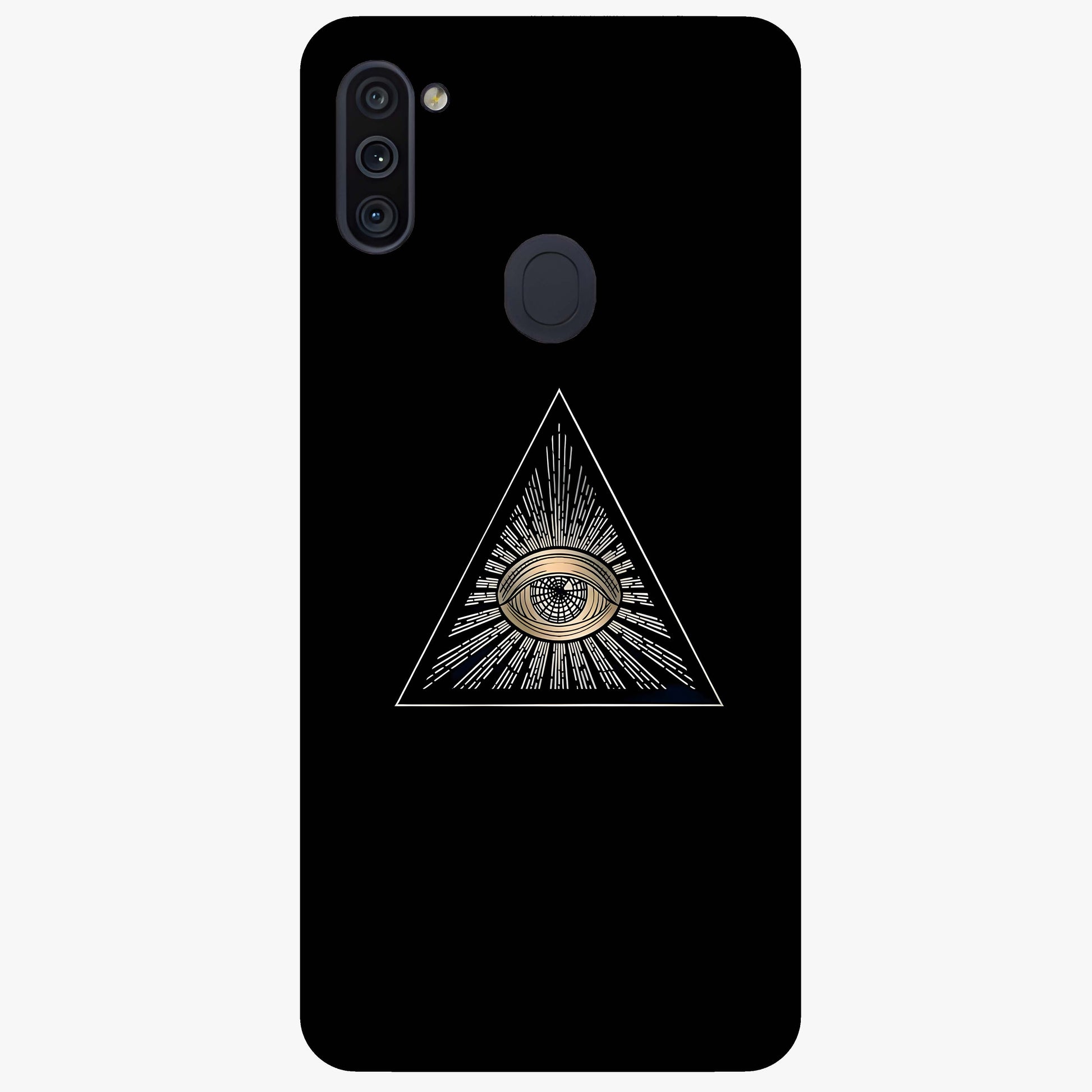 Illuminati Evil Glass Case showing flat back view with mysterious illuminati symbol artwork and glossy glass finish.